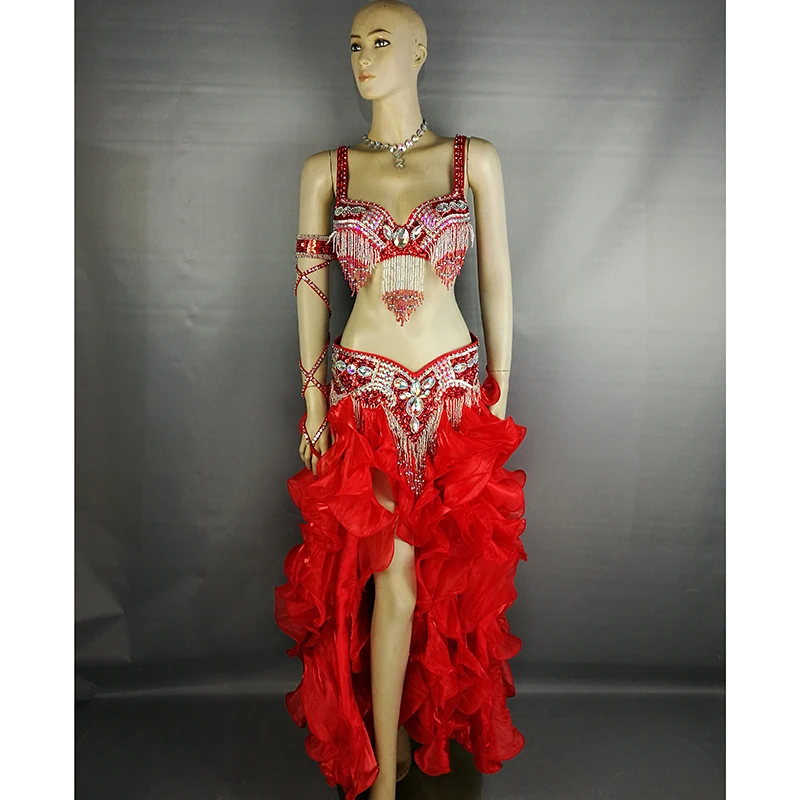 High Quality Belly Dance Costume Wear Stage Performance 5-piece Suit Beaded Sequins Bra Belt Skirt Set Belly Dancing Skirt Dress