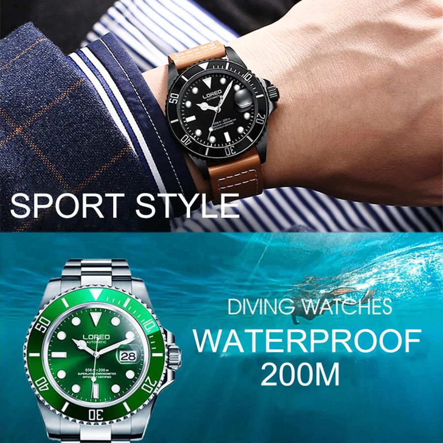 LOREO Men Military Watch 200m Waterproof Wristwatch Automatic Mechanical Clock Sport Watch Male Dropshipping relogios masculino