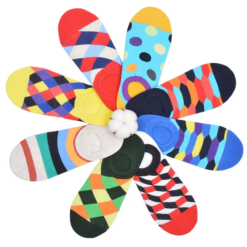 

Men's Casual Novelty Colorful Summer Ankle Socks Plaid Striped Printing Combed Cotton Short Happy Socks Invisible Boat Socks