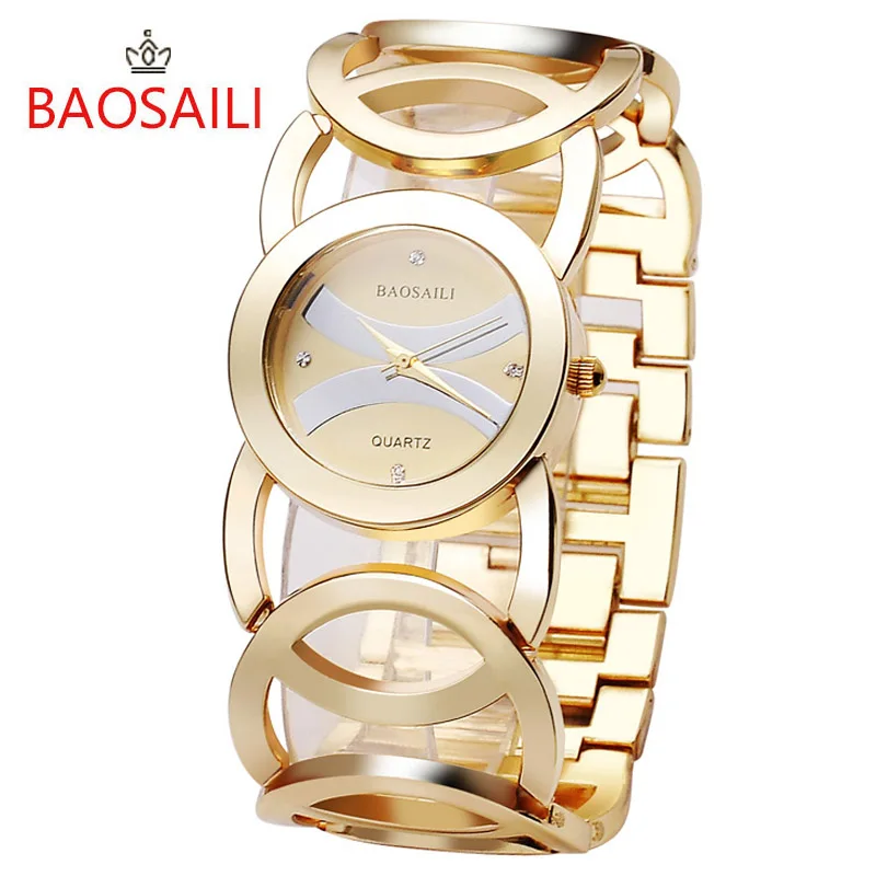 Women Watches Lady Analog Quartz Clock New Stytle Imitation Gold Plated Circles Strap Stainless Steel Back Shinning Clock