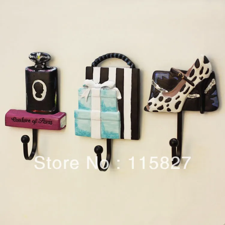 Free Shipping!3pcs/set Vintage Style Lady shoes design Iron Hook Hand-painted Resin Hook High Quality Home Decor