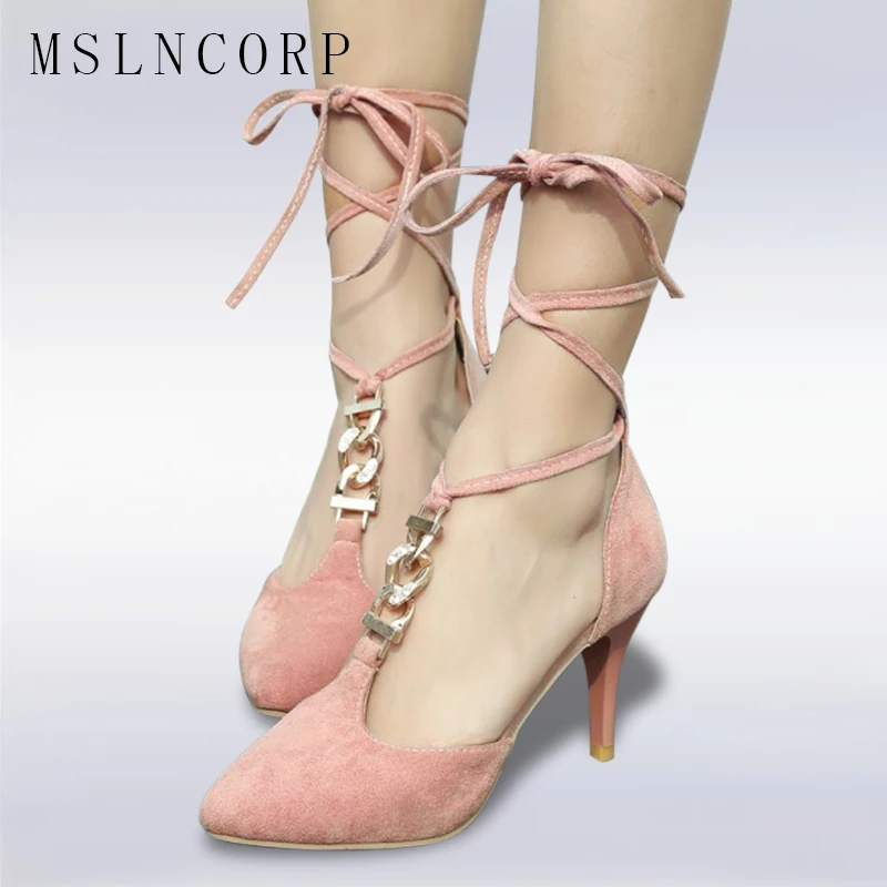 

Plus Size 34-43 Fashion Pumps Gladiator Shoes Sandals Pointed Toe Stiletto Women High Heels Ankle Cross tied Strap Ladies Dress