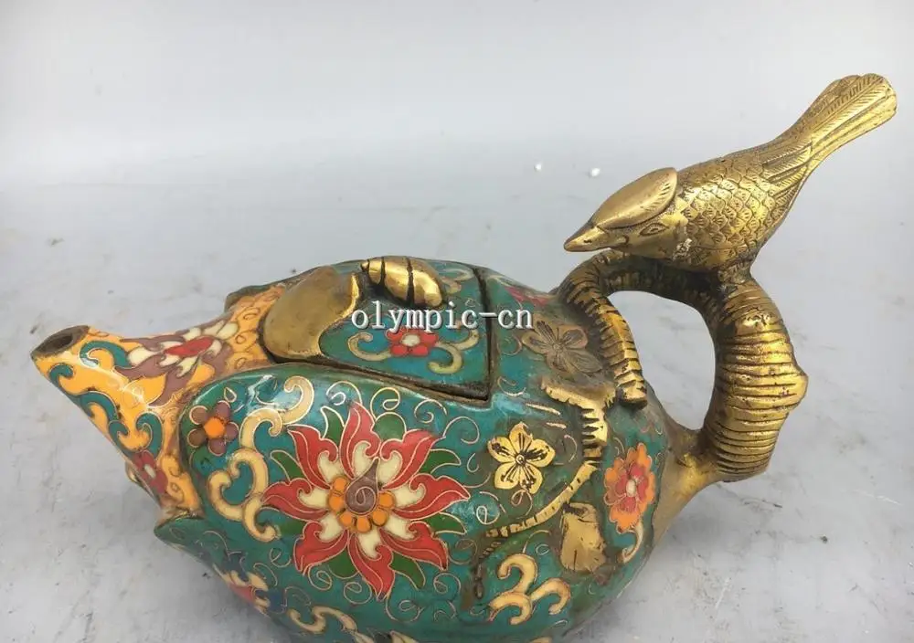 7'' red copper cloisonne enamel Flower design carved Bird pot teapot cup statue