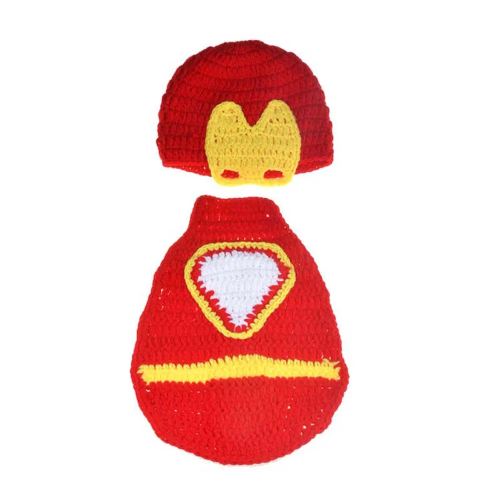 Latest Crochet Newborn Iron man Photography Props Baby Boy Iron Man Cape and Hat Knitted Cartoon Costume Set H227