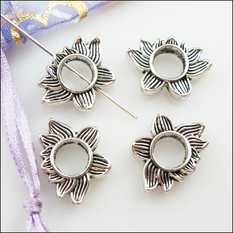 15Pcs Tibetan Silver Color Lotus Flower Spacer Beads Frame Charms 13.5x19mm