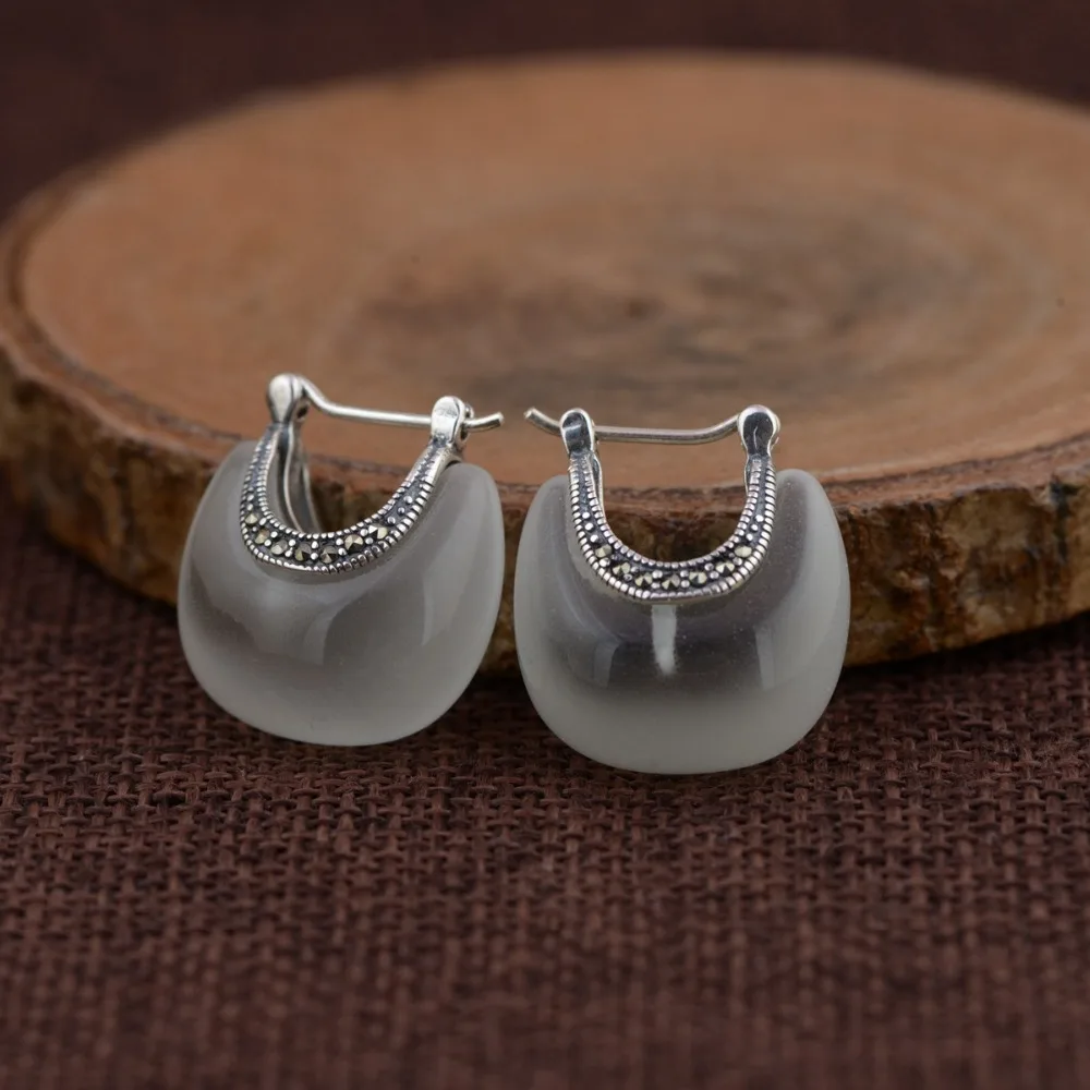 BOCAI S925 Silver Jewelry Cat Eye Stone Earrings for Women Retro Craft Chinese Style Fashion Silver Earrings