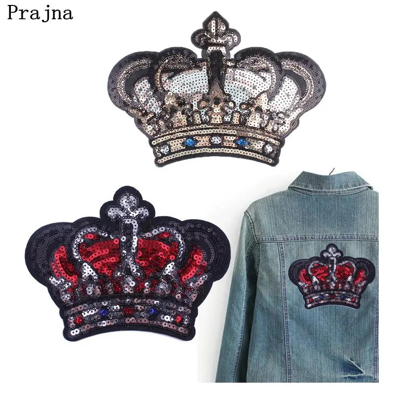 Prajna Queen Crown Patches Sequins Patch Golden Big Size T-shirts Cartoon Decoration For Clothes DIY Iron On Patches Applique