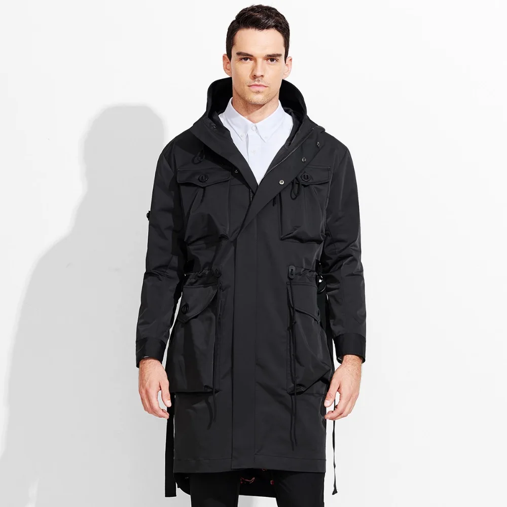 

men trench coat slim casual black long windbreaker jacket full sleeve mens hooded coat pockets sashes belt fashion parka outwear