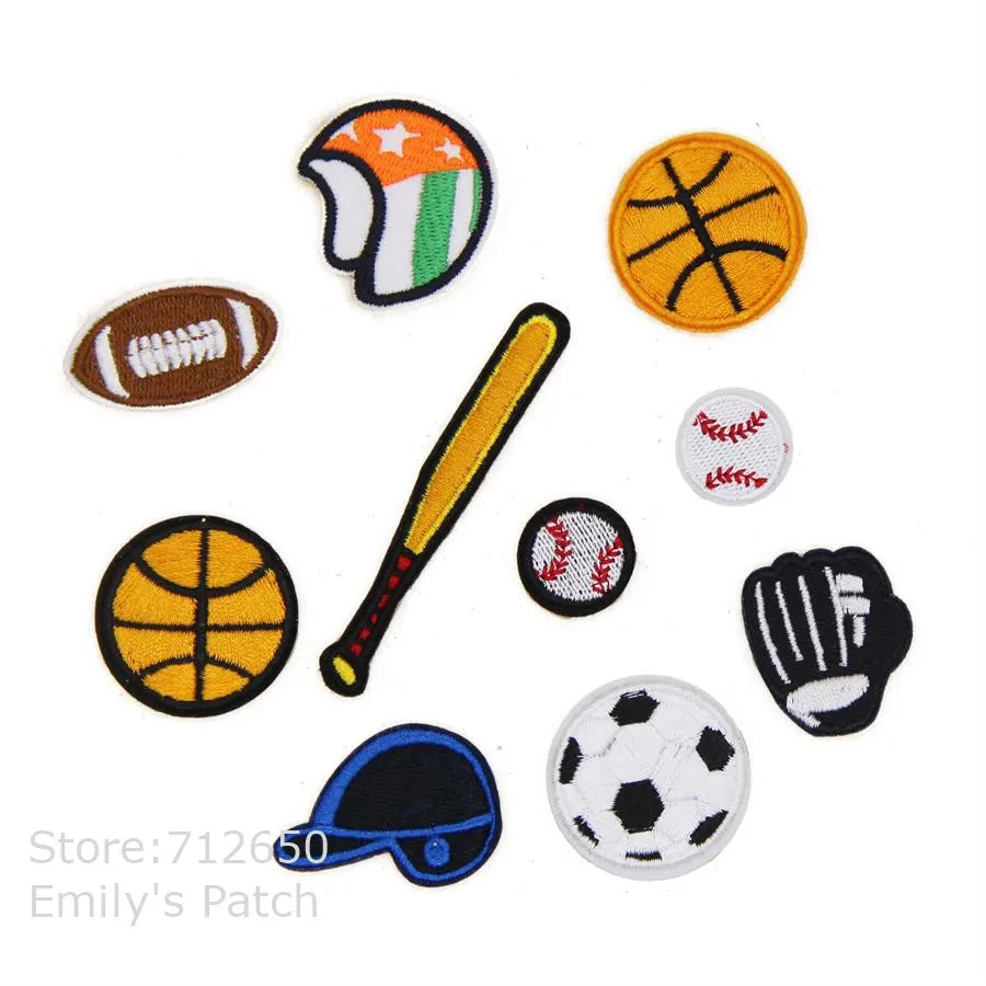 New arrival 10 pcs baseball footballs basketball embroidered patch iron on Motif Applique hat Fabric cloth embroidery accessory