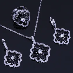 Noblest Flower Black Cubic Zirconia White CZ Silver Plated Jewelry Sets Earrings Pendant Chain Ring V0288