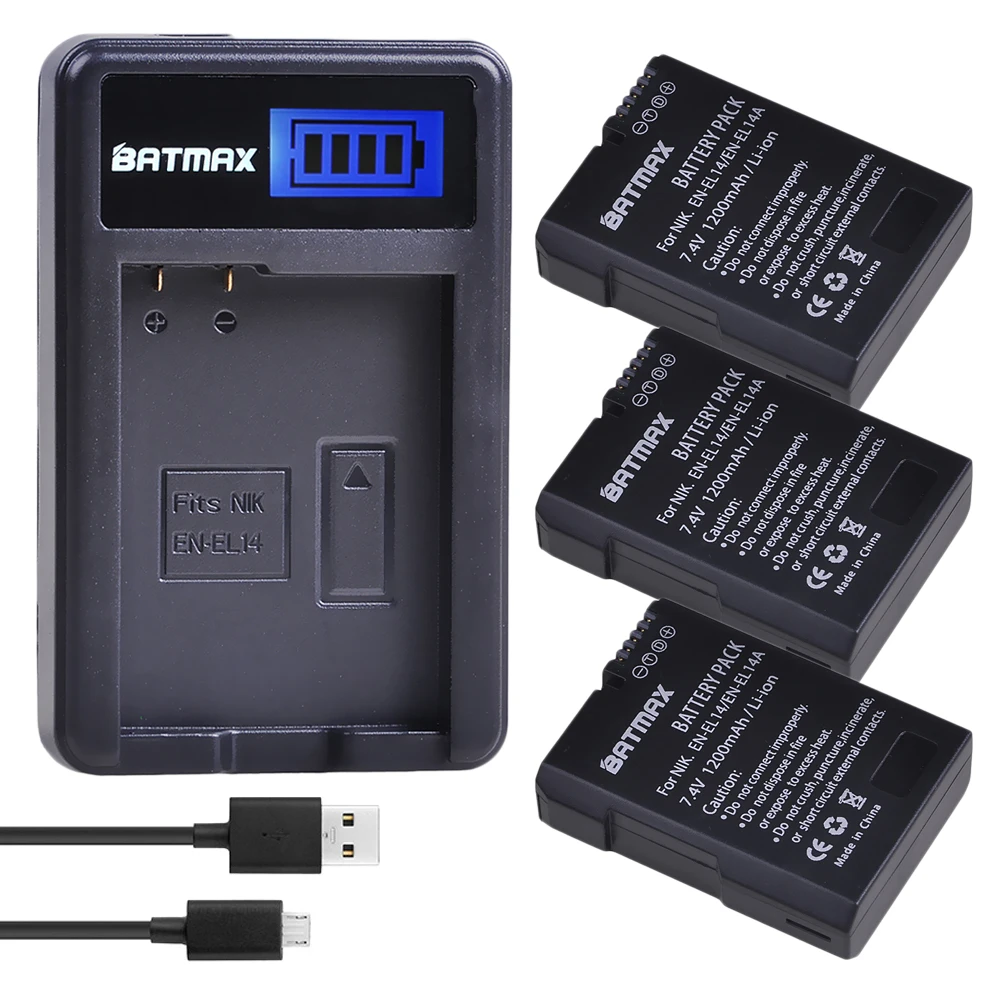 

Batmax 3pcs EN-EL14 EN-EL14a Battery akku +LCD USB Charger for Nikon P7800,P7700,P7100,P7000,D5600,D5500,D5300,D5200,D3200,