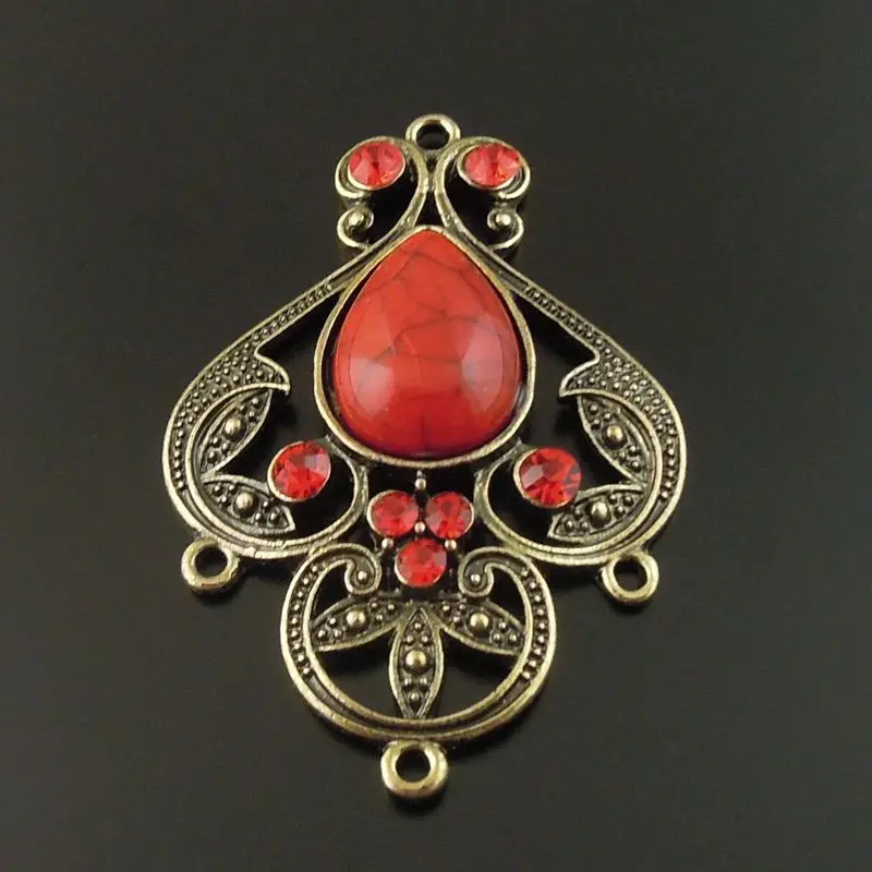 Wholesale 4pcs Antique Bronze Alloy Red Imitation Stone Charms Pendant Jewelry Findings Connector 46*35*8mm For Necklace