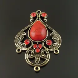 Großhandel 4 stücke Antike Bronze Legierung Rot Nachahmung Stein Charms Anhänger Schmuck Erkenntnisse Anschluss 46*35*8mm für Halskette