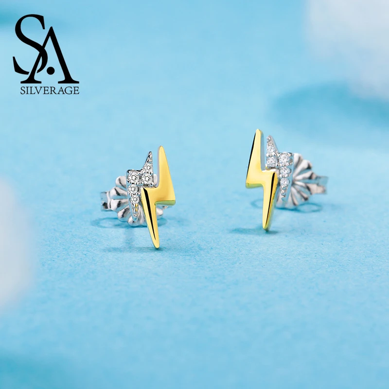 

SA SILVERAGE 925 Sterling Silver Sky City Lightning Gold Color Zirconia Stud Earrings For Women 2019 New Arrival Earrings