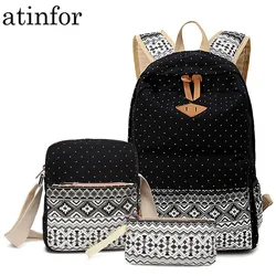 Dot Canvas Printing Backpack Women School Bags for Teenage Girls Cute Black Set Travel Backpacks Female Bagpack Rucksack