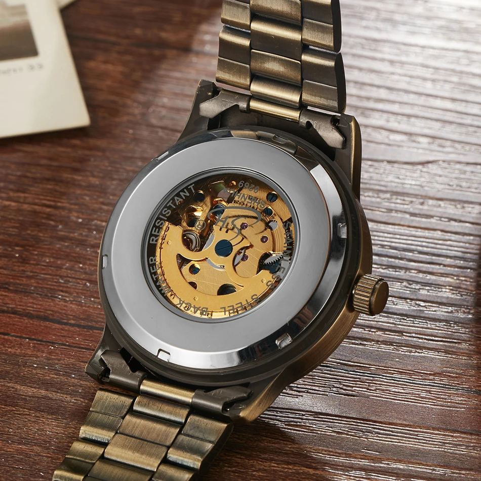 Retro SHENHUA Automatic Mechanical Watches Men Brand Luxury Full Steel Skeleton Antique Men Mechanical Watches Relogio Masculino