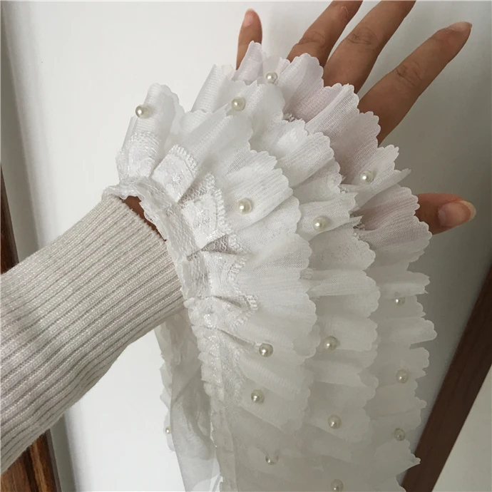 Three layers of white chiffon beads lace trim hundred fold skirt cuffs doll dress lace fabric wedding dress diy accessories