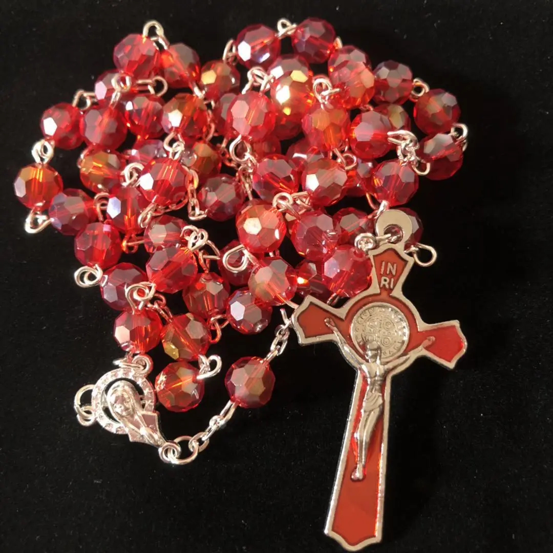 8mm red facet crystal rosary necklace, religious rosary, benedict crucifix rosary with virgin mary center special offer