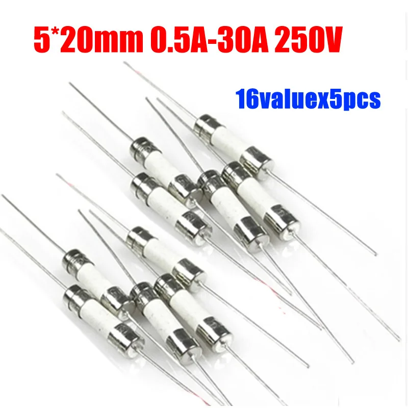 Free Shipping 16valuesX5pcs=80pcs 5x20 0.5A-30A Ceramic Fuse Assorted Packs 5*20 250V Ceramic Fuses Kit