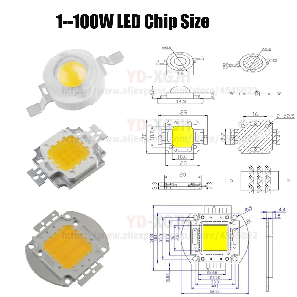 3W 5W 10W 20W 30W 50W 100W High Power LED Chip Warm Cold White Red Green Blue Yellow RGB for SMD DIY COB Light Bulb Lamp Beads