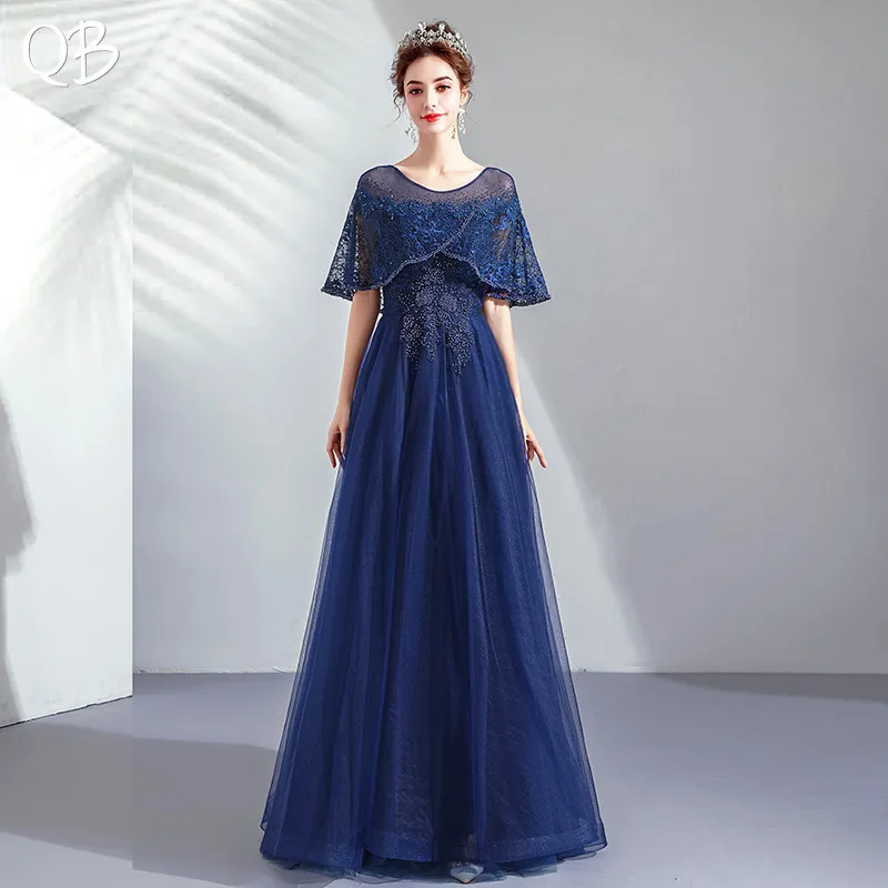 Vintage Dark Blue A-line O-neck Tulle Lace Appliques Flowers Evening Dresses 2020 New Fashion Long Formal Evening Gowns XH430