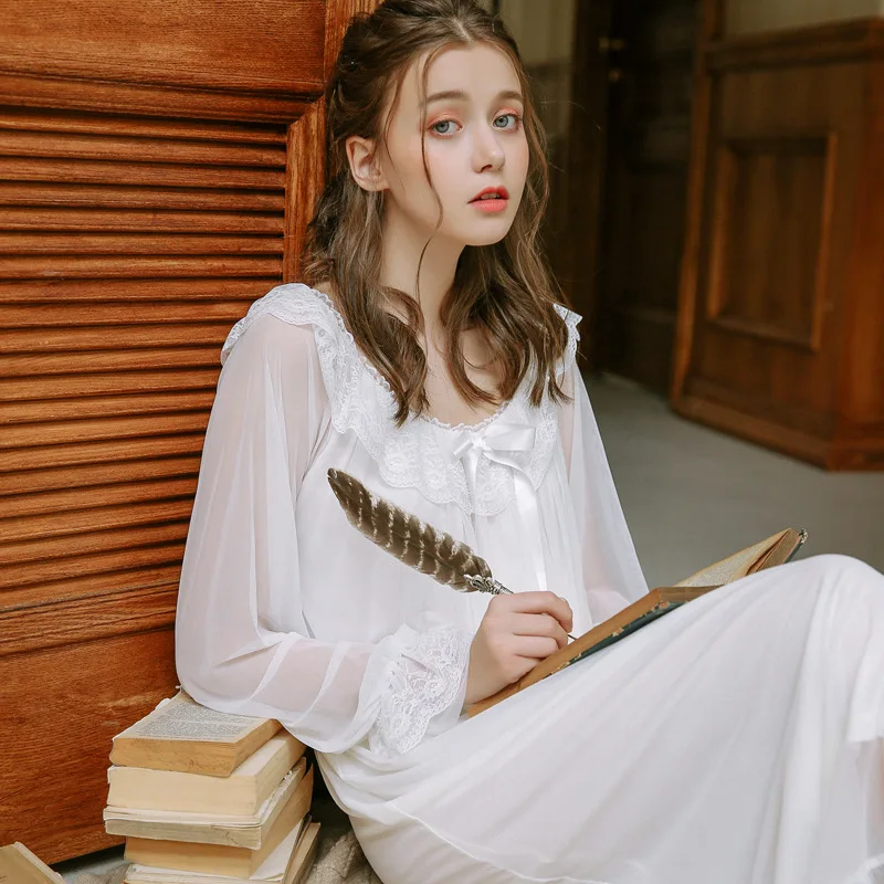 women royal nightgown spring night gown retro lace home dress princess style sexy sleepwear long sleeves for women 812213