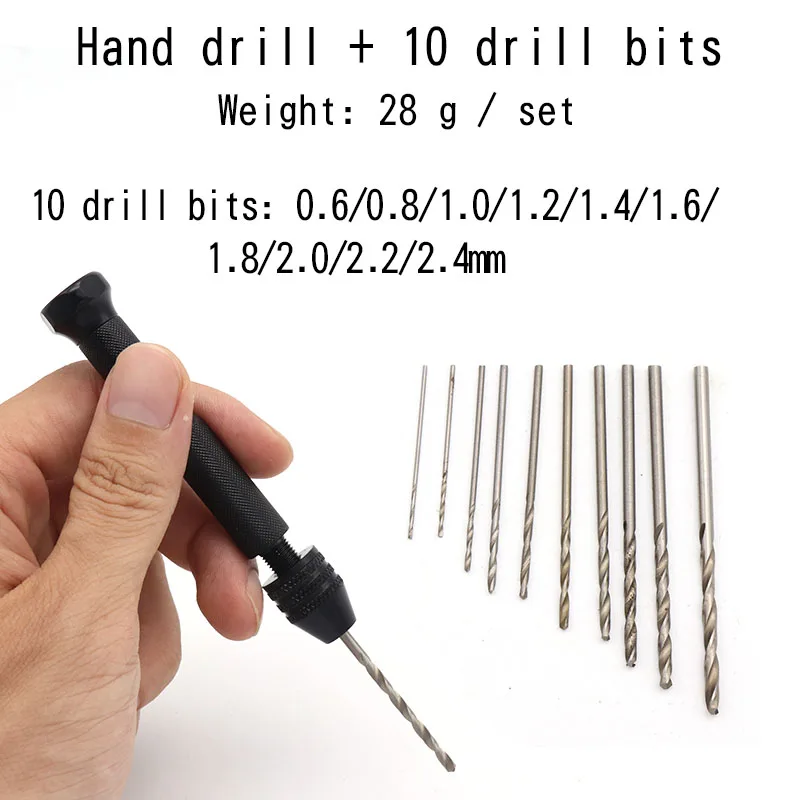 10pcs Alloy Steel Twist Drills Rotary Tools Wood Drilling + 1pc Hand Drill Mini Micro Aluminum Hand Drill Bits Set Rotary Tools