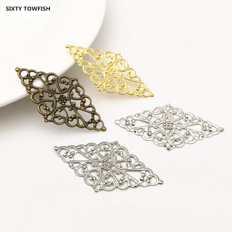 20pcs/lot 24x43mm 3Colors Metal Rhombus Filigree Flowers Slice Charms Settings DIY Jewelry Components