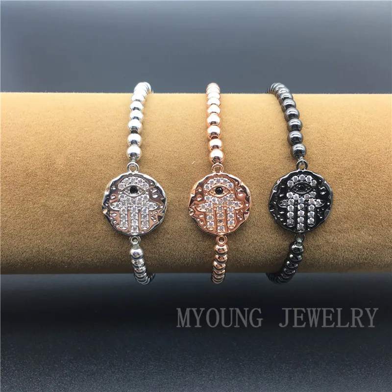 MY1195 Micro Pave Zircon Hamsa Fatima Hand charm Connector With 4mm Advanced Plated Round Beads Bracelet J