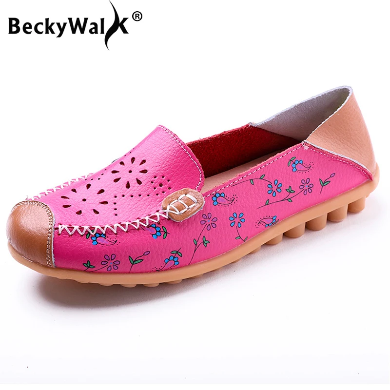 BeckyWalk Fashion Druck Frauen Wohnungen Casual Müßiggänger Echtem Leder Flache Schuhe Frau Sommer Slip auf Frauen Schuhe Mokassins WSH2673