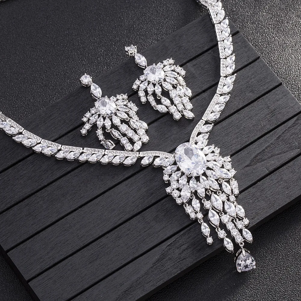 SINZRY Luxury Brand new wedding jewelry set white AAA cubic zirconia banquet tassl bridal heavy necklace earring set