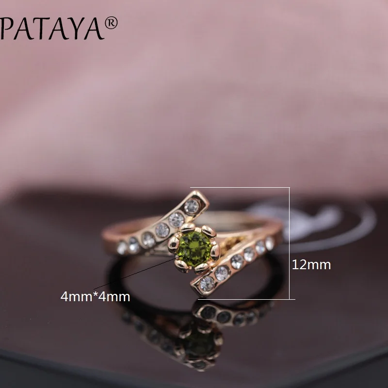 PATAYA New Special Offer White Rhinestones 585 Rose Gold Color Round Olive Green Natural Zirconia Rings Women Wedding Jewelry