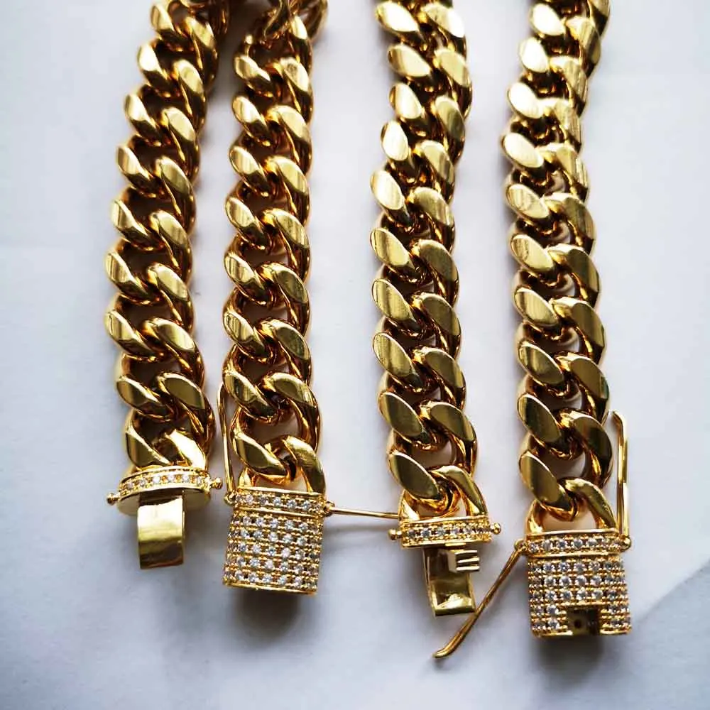 8/10/12/14mm Hip Hop Stainless Steel Men Miami Cuban Link Chain Necklace Bracelet Cubic Zirconia Clasps Rocker Jewelry Sets