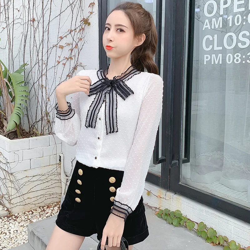 Spring New Korean Chiffon Shirt Women Bowknot Long Sleeve White Blouse Clothes Girl Summer Autumn Casual Fashion Slim Top H9140