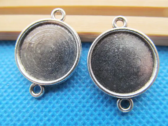 100pcs Antique Silver/Bronze Base Setting Tray Bezel Charm/Finding,fit 20mm Round Cabochon/Cameo,Double Same Side,Two Loops