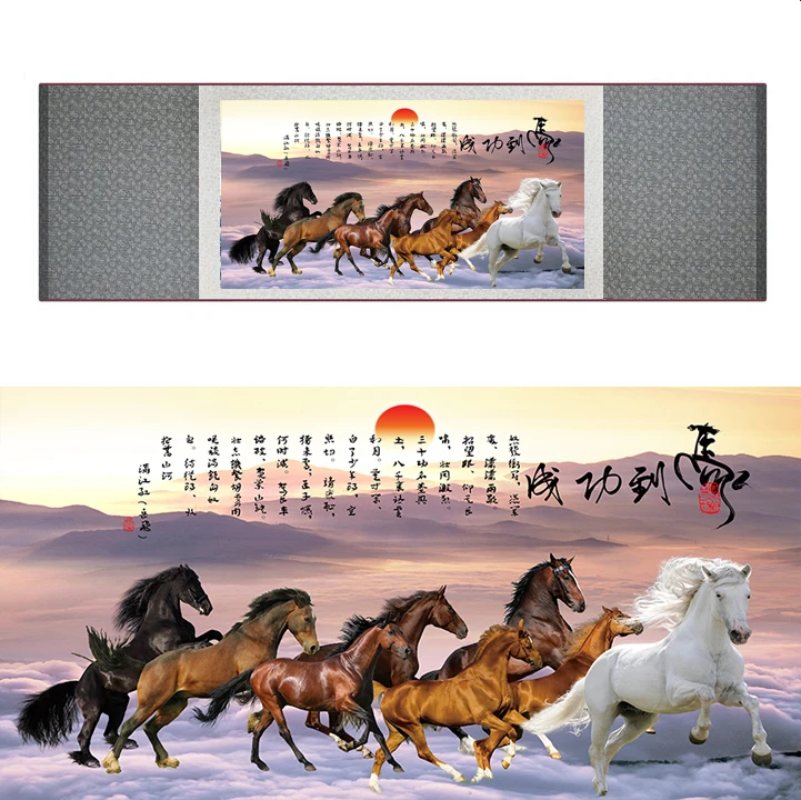 

top quality Chinese Horse silk painting Horse art painting Silk scroll art painting eight horse painting19062809