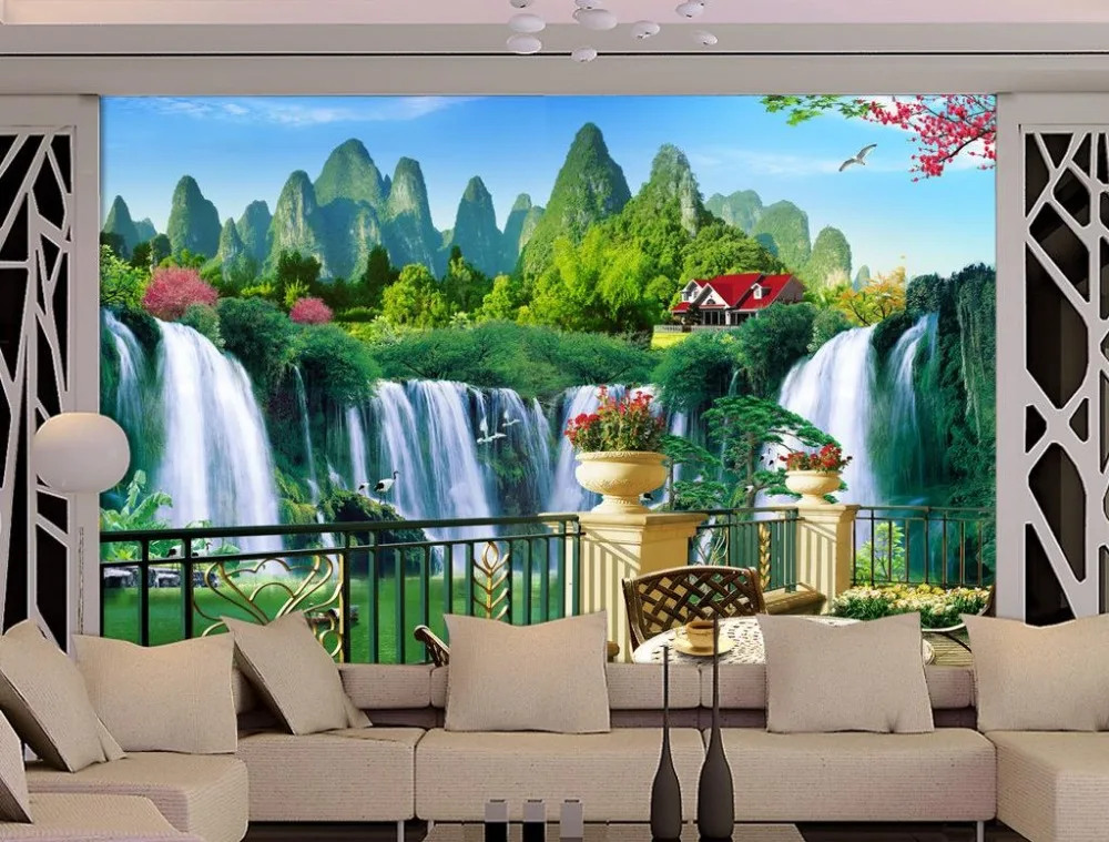 Wallpaper 3d stereoscopic Balcony Falls Landscape Papel parede mural wallpaper Home Decoration Non woven roll