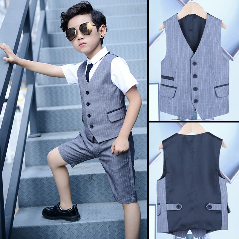 

Flower Boys Summer Vest Dress Suit Sets Children Wedding Party Performance Costume Kids Short-sleeved Shirts Pants Vest Outfits