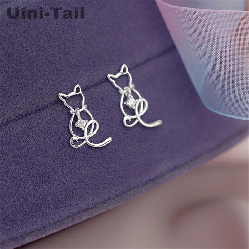 Uini-Tail Hot Nieuwe 925 Tibetaanse Zilveren Lieve Kat Oorbellen Meisje Sieraden Temperament Mode Schattige Kleine Verse Kat Oorbellen Ed027