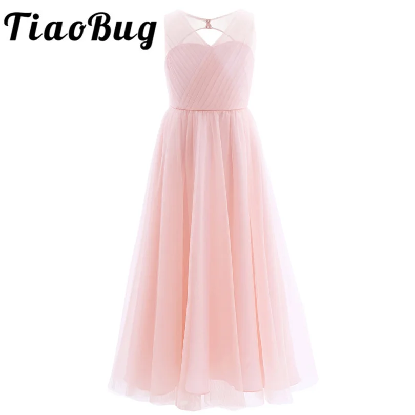 TiaoBug 2023 Girls Pleated Mesh Cutout Back Flower Girl Dress Floor-Length Sleeveless Wedding Party Dress Bridesmaid Dresses