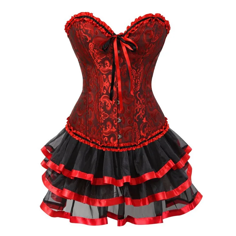 

Red Corsets and Bustiers Dress Skirt Set Plus Size Lace Lingerie Gothic Burlesque Gowns Party Plus Size Fashion Sexy