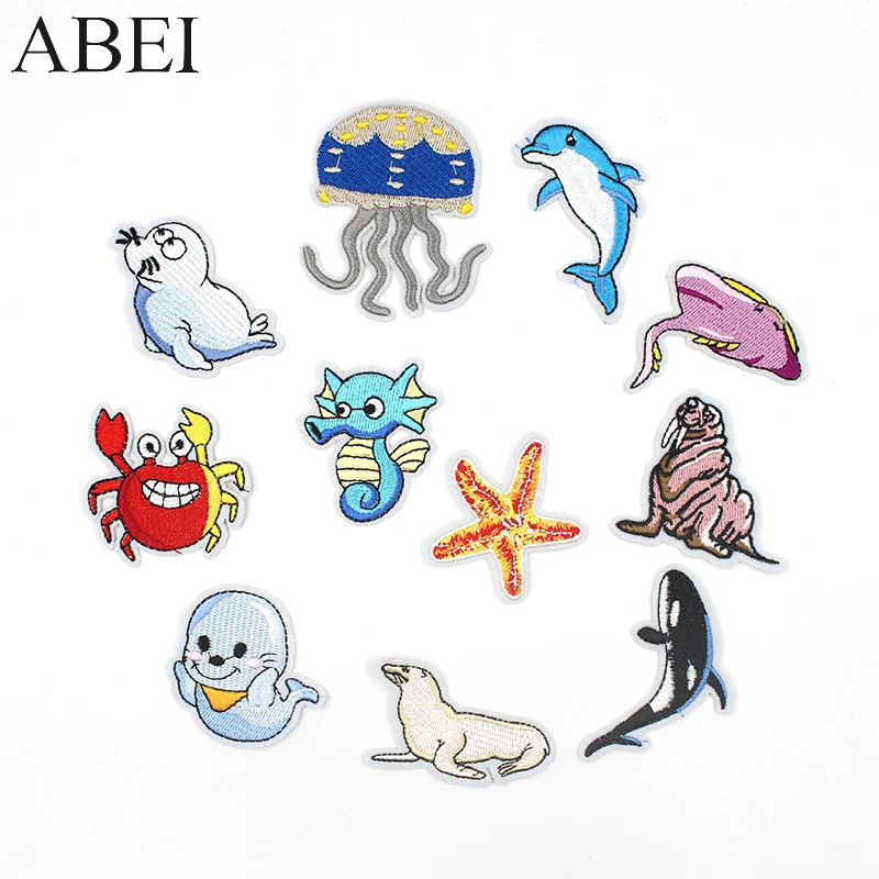 12pcs/lot Mix marine animals Stickers Set Diy Embroidery Sea Fish Iron On Clothes Backpack Jeans Appliques Sewing Quality Patch