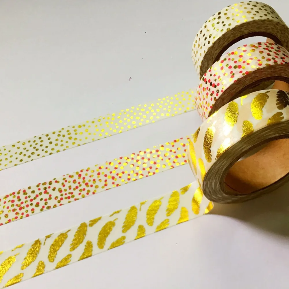 Free shipping  15mm*10m  golden foil  washi paper  tape/Anomalistic Gold dot and Feather masking  washi tape