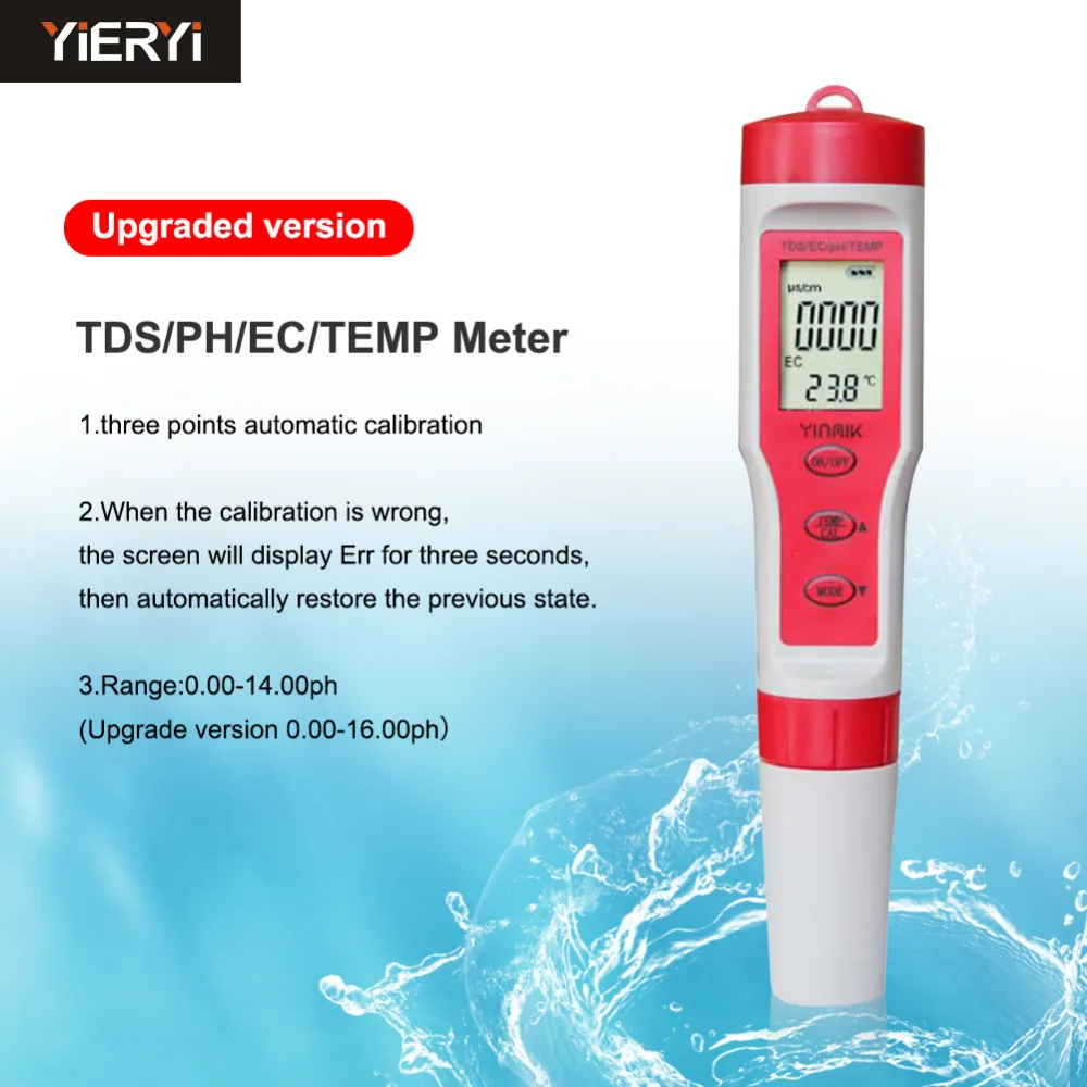 Измеритель температуры YIERYI 4 в 1, PH/TDS/EC, цифровой тестер качества воды для бассейнов, питьевой воды, аквариумов