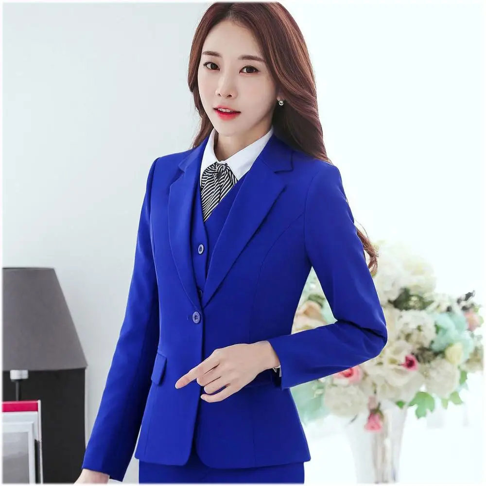 

IZICFLY New Spring Autumn Elegant Blue Office Uniform Designs Women Set With Trouser 2 Pieces Business Pant Suits