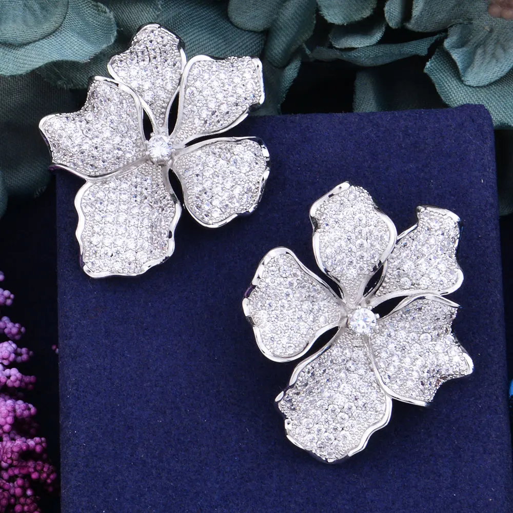 GODKI 45mm Begonia Flowers Trendy Cubic Zirconia American Wedding Party Earring Jewelry for Women