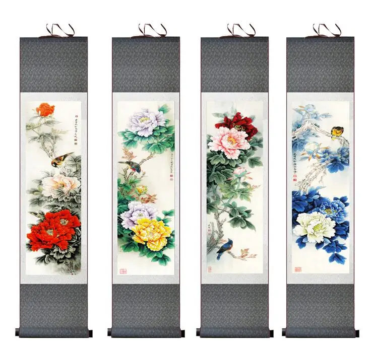 

4pc/lot flower painting silk scroll painting traditional flower painting Chinese flower picture In wash painting