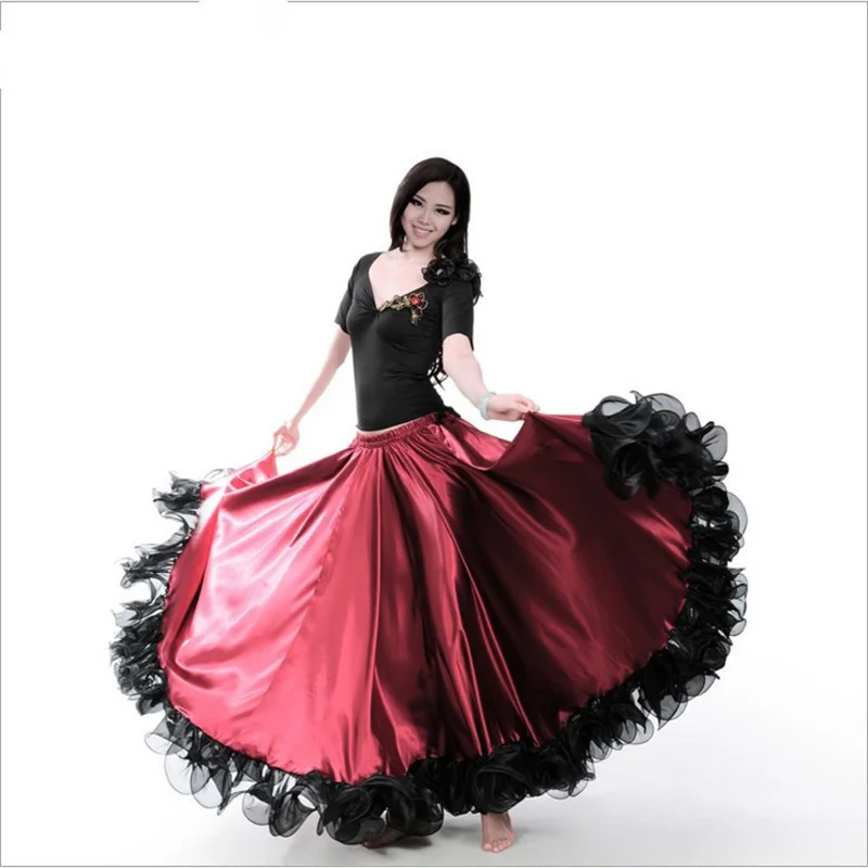 

Elegant Spanish Flamenco Big Swing Hem Skirt Lace Hem Edge, Long Red Black Spanish Bullfight Dancing Dress For Ballroom