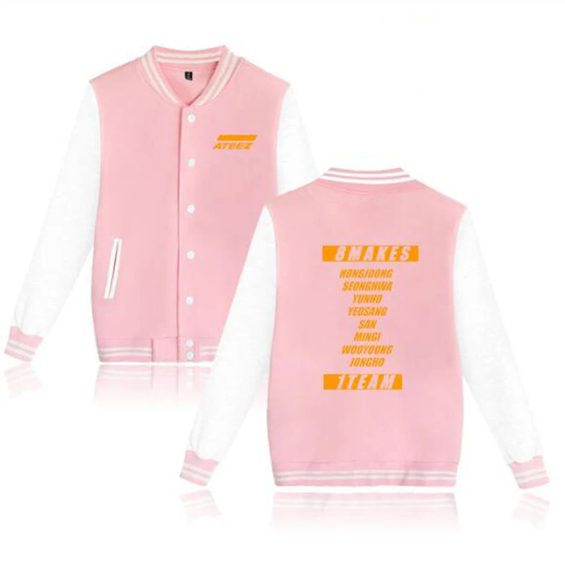 KPOP ATEEZ Baseball Uniform Jacket Coat Men Women Streetwear Harajuku Sweatshirts Winter Fashion Hip Hop Pink Hoodie Outwear