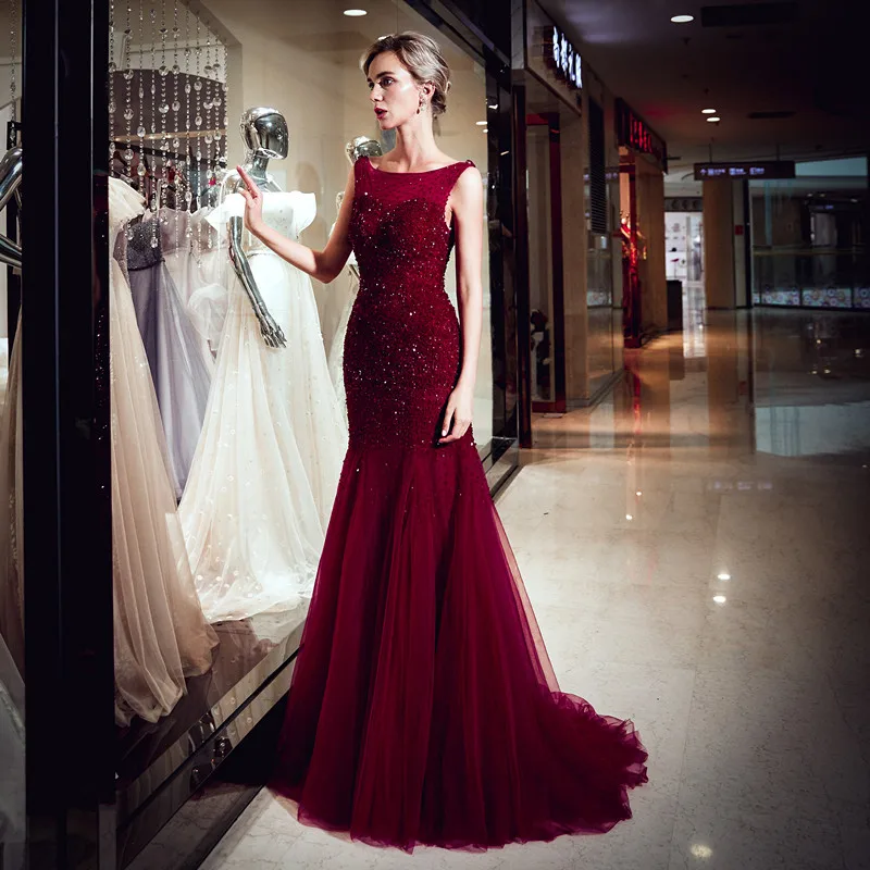 Burgundy Sexy Mermaid Evening Dresses  Elegant Tassels Backless Evening Prom Party dress Long Gown